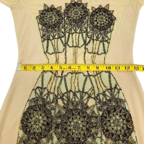 Kora Rae Mesh Beaded Dress Size M Beige Mini Bodycon Long Sleeve Embellished - Picture 13 of 16